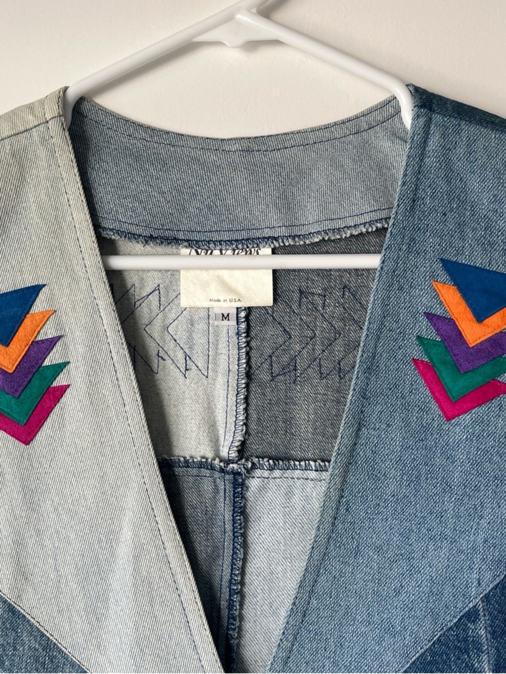 Vintage Denim Vest with Colorful Geometric Inlays - Picture 2 of 5